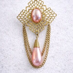 Vintage Pink Faux Pearl Drop Brooch Gold Tone Filigree Dangle Chains Victorian